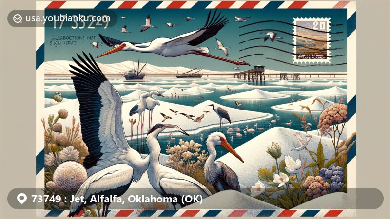 Creative illustration of Jet, Alfalfa County, Oklahoma, melding Great Salt Plains State Park's beauty with postal elements, featuring wildlife like sandhill cranes and white pelicans.