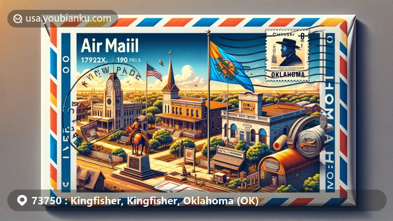 Artistic illustration of Kingfisher, Kingfisher County, Oklahoma, styled as an air mail envelope, with Chisholm Trail Museum, Gov. Seay Mansion, and Jesse Chisholm statue inside, along with Oklahoma state flag stamp and ZIP code 73750.