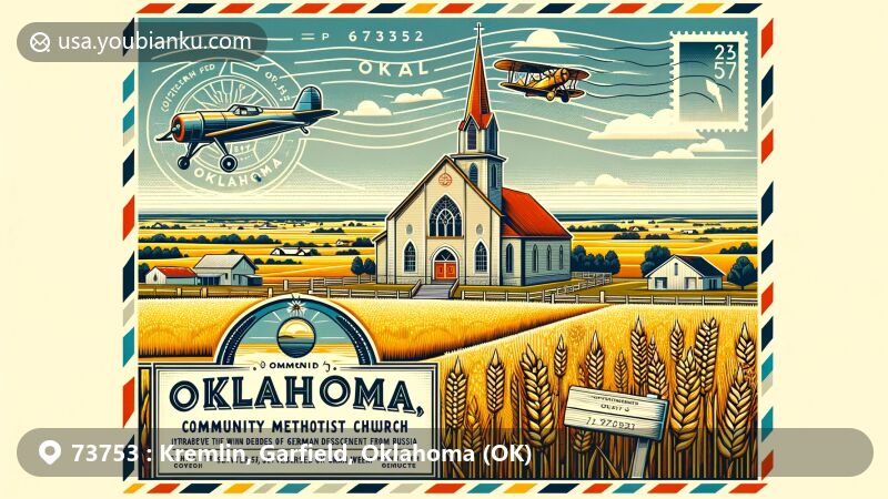 Modern illustration of Kremlin, Oklahoma, showcasing postal theme with ZIP code 73753, featuring Kremlin Community United Methodist Church and Oklahoma's agricultural heritage.