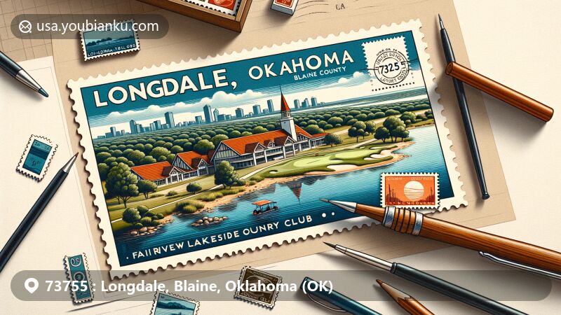 Modern illustration of Longdale, Oklahoma, showcasing Fairview Lakeside Country Club with ZIP code 73755, incorporating postal elements like a stamp and postmark, emphasizing '73755' and 'Longdale, OK'.