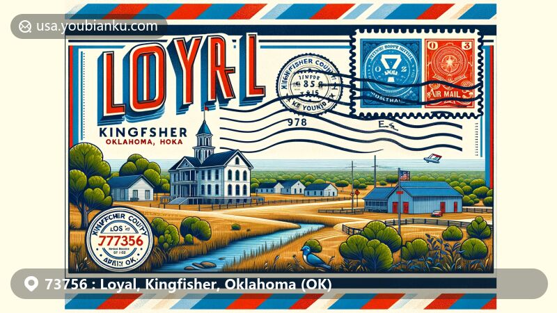 Modern illustration of Loyal, Kingfisher County, Oklahoma, with ZIP code 73756, featuring Kingfisher County Courthouse and Kingfisher Creek, vintage postage stamp, and air mail design.