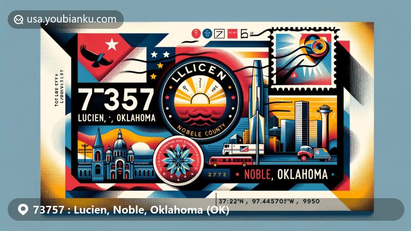 Modern illustration of Lucien, Noble County, Oklahoma, showcasing postal theme with ZIP code 73757, featuring state flag, postage stamp, postmark, and unique symbols of Lucien and Noble County.