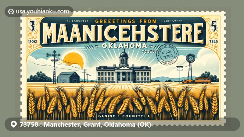 Vintage-style postcard illustration of Manchester, Oklahoma, featuring ZIP code 73758, highlighting wheat-growing heritage and historical ties to the Chisholm Trail.