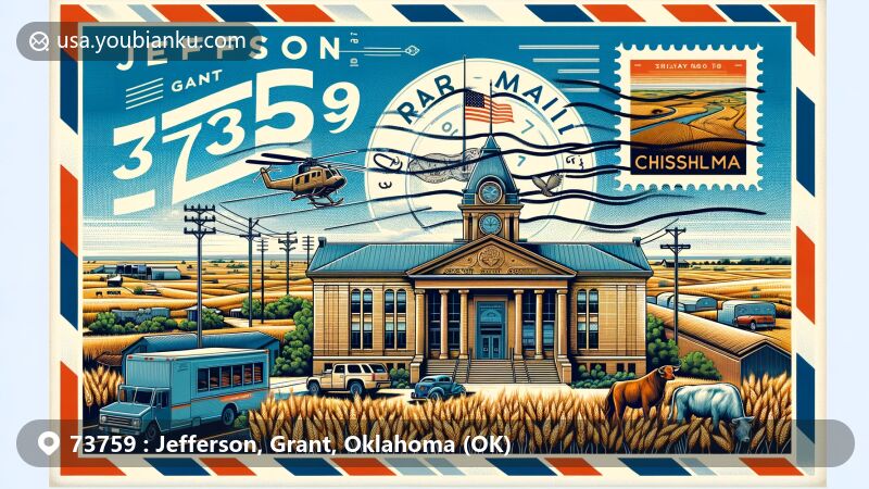 Modern illustration of Jefferson, Grant County, Oklahoma, with Grant County Courthouse at the center, surrounded by symbols of agricultural landscape, including wheat fields and cattle. Presented in a vintage air mail envelope with a Chisholm Trail stamp, highlighting historical significance. ZIP code 73759 prominently displayed at the bottom.