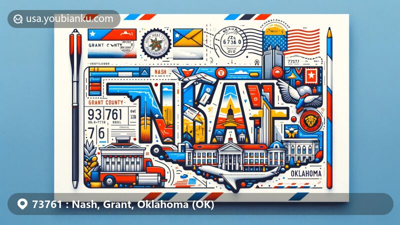 Modern illustration of Nash, Grant County, Oklahoma, showcasing postal theme with ZIP code 73761, featuring the state flag, Grant County outline, and local landmarks, resembling a creative postcard design.