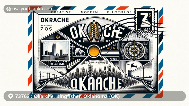 Modern illustration of Okarche area in Oklahoma, featuring air mail envelope with Eischen's Bar and wheat symbols, blending Okarche’s outline with German cultural elements.