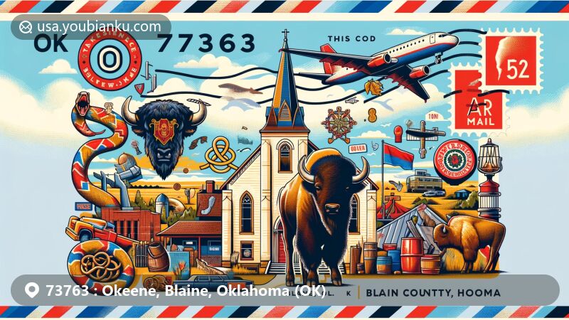 Modern illustration of Okeene, Blaine County, Oklahoma, featuring vibrant postcard design with St. Anthony of Padua facade, colorful mural of town logo, bison statue with symbols like rattlesnake, and German heritage elements of pretzels and beer steins.
