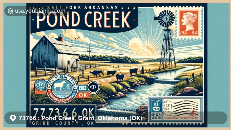 Modern illustration of Pond Creek, Grant County, Oklahoma, showcasing rural charm with Salt Fork Arkansas River and Chisholm Trail history, featuring '73766' and 'Pond Creek, OK' on a postcard-style design.