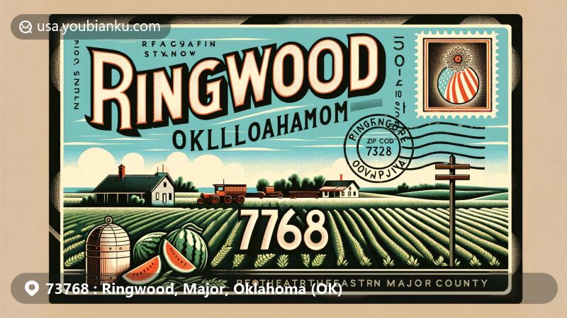 Modern illustration of Ringwood, Oklahoma, showcasing postal theme with ZIP code 73768, featuring agricultural legacy and natural beauty of Major County.