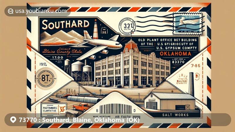 Modern illustration of Southard, Blaine County, Oklahoma, showcasing postal theme with ZIP code 73770, featuring landmarks like the Old Plant Office Building and the Old Salt Works. Includes artistic Blaine County map in a vintage-style airmail envelope.
