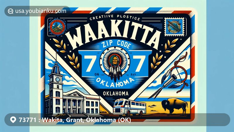 Creative illustration of Wakita, Grant County, Oklahoma, highlighting ZIP code 73771 with vintage airmail envelope, iconic landmarks, and Oklahoma state symbols.