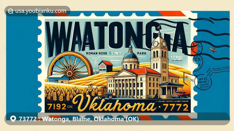 Modern illustration of Watonga, Oklahoma, resembling an airmail envelope with ZIP code 73772, featuring Blaine County Courthouse, Roman Nose State Park, wheat fields, cheese wheel, vintage postmark style, and Oklahoma state flag.