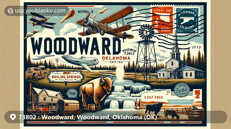 Modern illustration of Woodward, Oklahoma, showcasing postal theme with ZIP code 73802, featuring Boiling Springs State Park, Great Western Cattle Trail, and Crystal Beach Park.