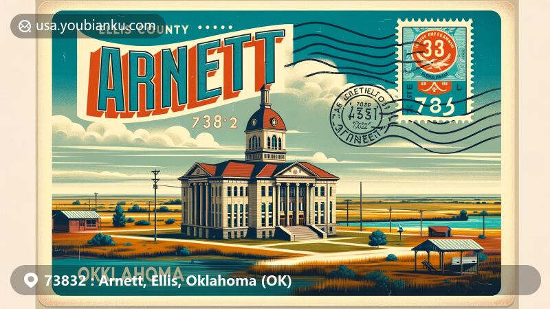 Modern illustration of Arnett, Ellis County, Oklahoma, embodying the unique landscape featuring Ellis County Courthouse, Great Plains vistas, and Lake Lloyd Vincent.