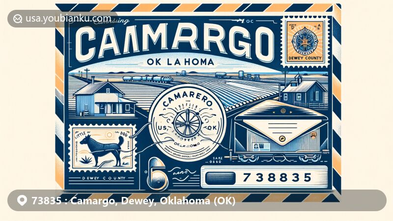 Modern illustration of Camargo, Oklahoma, designed as an airmail envelope, featuring iconic Midwestern agricultural landscapes, a historic train station, and postal elements like postmark with '73835' and 'Camargo, OK', highlighting the town's history and local color.