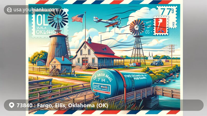 Vibrant illustration of Fargo, Ellis County, Oklahoma, showing rural charm with working windmill, covered bridge, and Stock Exchange Bank, along with Oklahoma state symbols and postal elements.