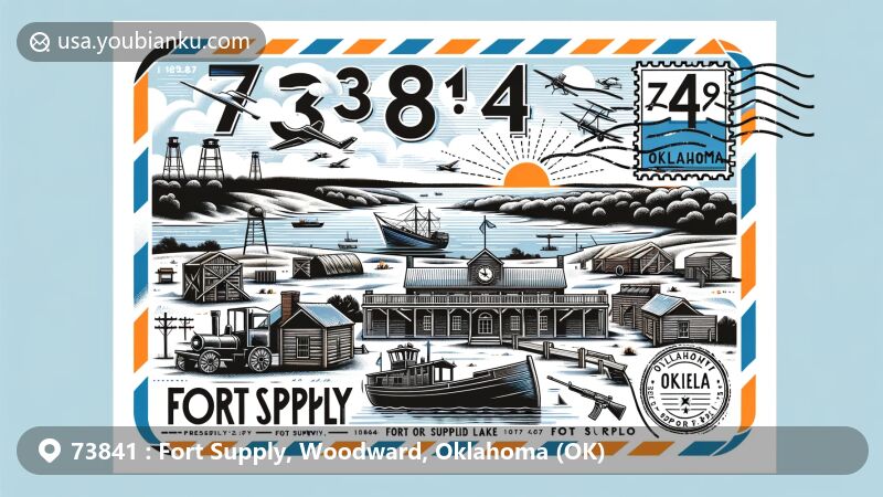 Modern illustration of Fort Supply, Oklahoma, showcasing 73841 ZIP code area with historic Fort Supply site, Fort Supply Lake, and elements of postal communication like postage stamps and postal marks.
