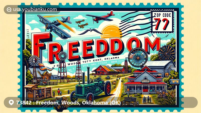 Modern illustration of Freedom, Woods County, Oklahoma, showcasing local culture with highlights from the Freedom Museum and town's agricultural heritage, featuring antique farm machinery and Oklahoma landscape.