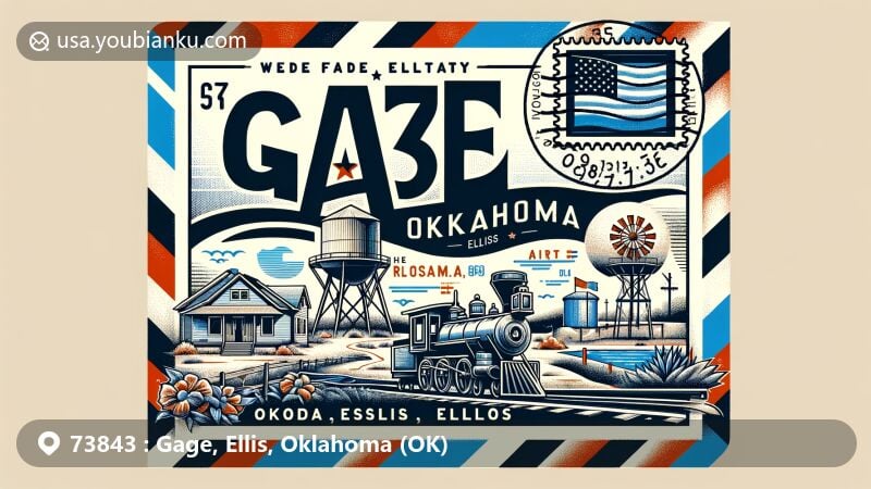 Modern illustration of Gage, Ellis County, Oklahoma, capturing postal theme with ZIP code 73843, showcasing Gage's iconic features like artificial lake, spring-fed swimming area - Gage Artesian Beach, and historic Gage railway station on a retro-style airmail envelope.