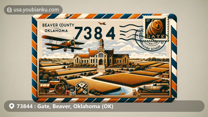 Vintage illustration of Gate, Beaver County, Oklahoma, depicting historical and agricultural significance with Gate School and farmland backdrop, showcasing postal theme with ZIP code 73844.