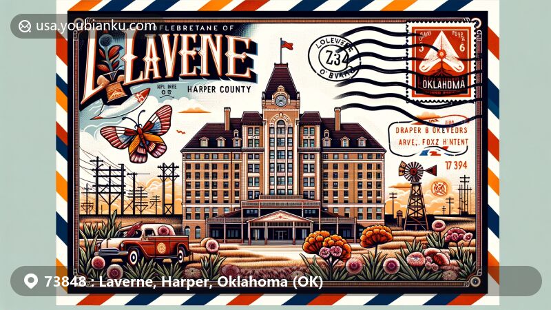 Modern illustration of Laverne, Oklahoma, showcasing postal theme with ZIP code 73848, featuring the Clover Hotel or Fox Hotel, agricultural and oil heritage, and elements of airmail envelope and postcard design.