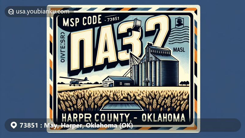 Modern illustration of May, Harper County, Oklahoma, highlighting postal theme with ZIP code 73851, showcasing grain elevator silhouette and old business building, embracing history as a wheat shipping town. Includes vintage postage stamp, postmark stamp, and airmail border.