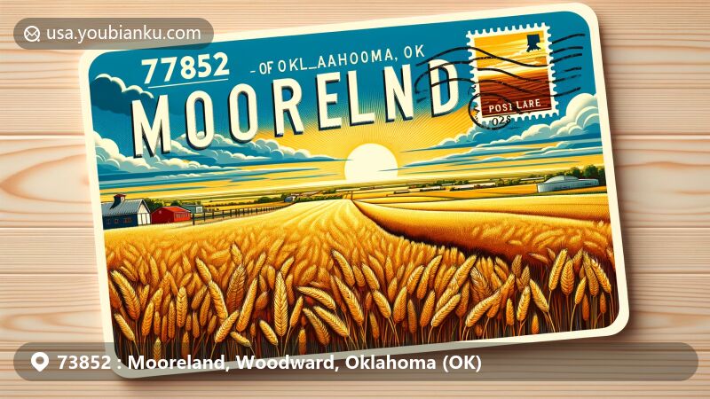 Modern illustration of Mooreland, Woodward, Oklahoma, emphasizing agricultural landscape with golden wheat fields under a sunny sky, featuring postcard design with ZIP code 73852 and postal elements.