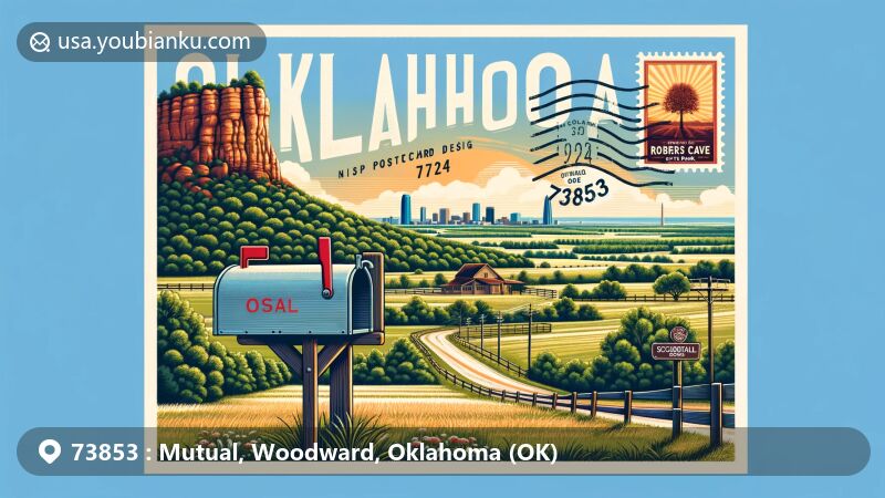 Modern illustration of Mutual, Woodward County, Oklahoma, inspired by postal aesthetics and showcasing the serene countryside views with a traditional mailbox and vast fields, seamlessly integrating iconic Oklahoma landmarks like Robbers Cave State Park and Scissortail Park, along with postal elements and the ZIP code 73853.
