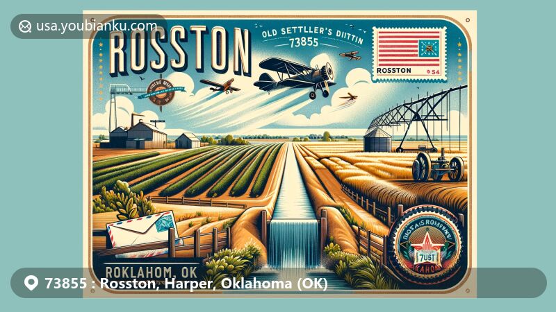 Modern illustration of Rosston, Oklahoma 73855, capturing rural charm and agricultural history, featuring Old Settler's Irrigation Ditch and Oklahoma state symbols.