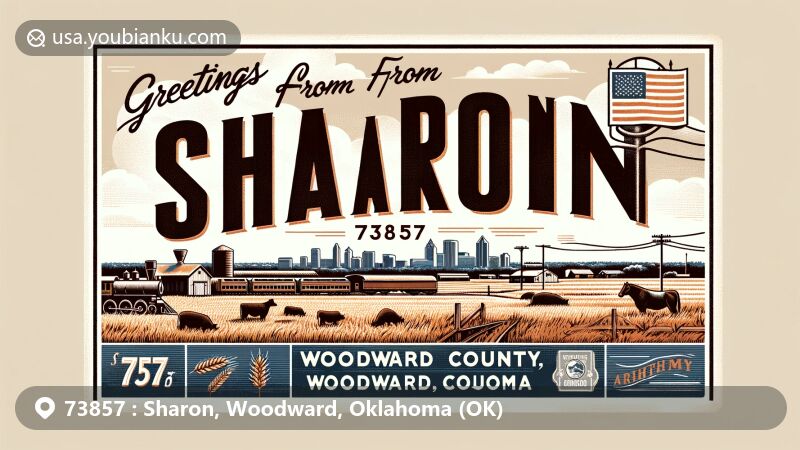 Modern illustration of Sharon, Woodward County, Oklahoma, featuring agricultural landscape, historic railroad, and Oklahoma state symbols, with vintage postcard design elements.