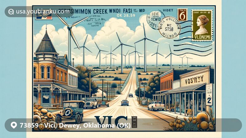Modern illustration of Vici, Oklahoma, Dewey County, featuring postal elements and regional characteristics, showcasing agriculture, Persimmon Creek Wind Farm turbines, and the town's location at the intersection of U.S. Route 60 and Oklahoma State Highway 34.