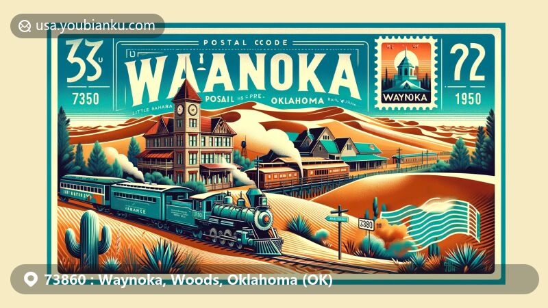 Modern illustration of Waynoka, Oklahoma, blending railroad history with natural beauty of Little Sahara State Park's sand dunes, featured with a postal theme showcasing the Santa Fe Railway, the historic Harvey House, and the ZIP code 73860.
