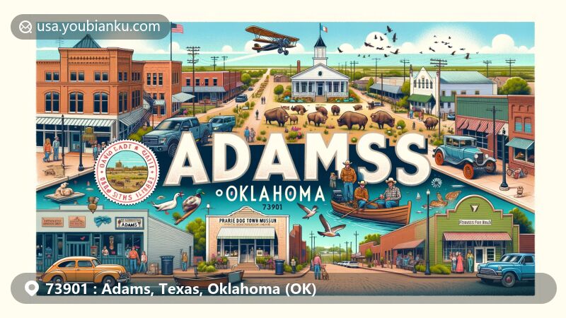 Modern illustration of Adams, Oklahoma, showcasing postal theme with ZIP code 73901, featuring outdoor activities, The Prairie Dog Town Museum, Jones Family Ranch, and charming Main Street shops and restaurants.