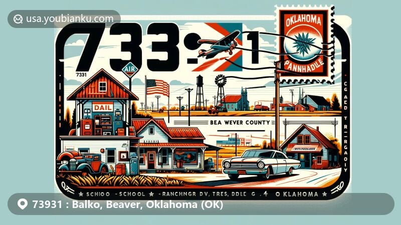 Modern illustration of Balko, Beaver County, Oklahoma, representing ZIP code 73931 with a creative postal theme and vibrant colors, showcasing farming, ranching, and oil industry connections.