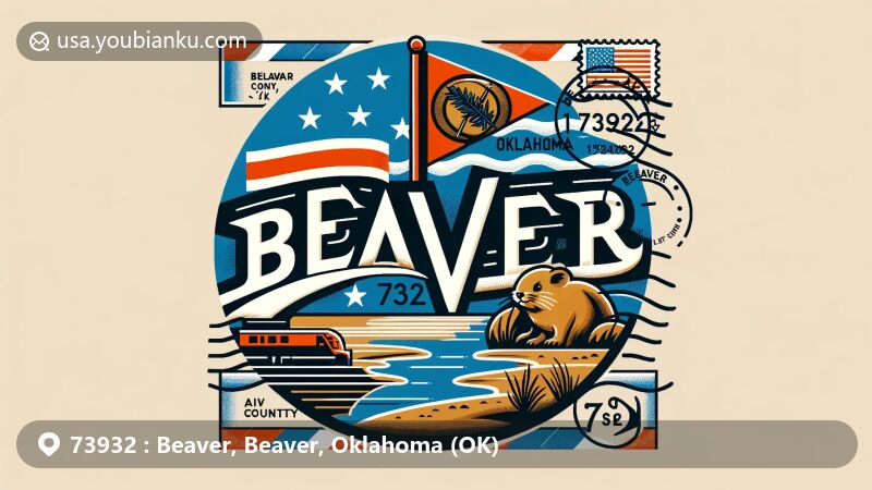 Modern illustration of ZIP Code 73932 area in Beaver, Beaver County, Oklahoma, featuring Oklahoma state flag, airmail elements, stamps, and postmark with ZIP Code, showcasing regional natural landscape and postal theme.