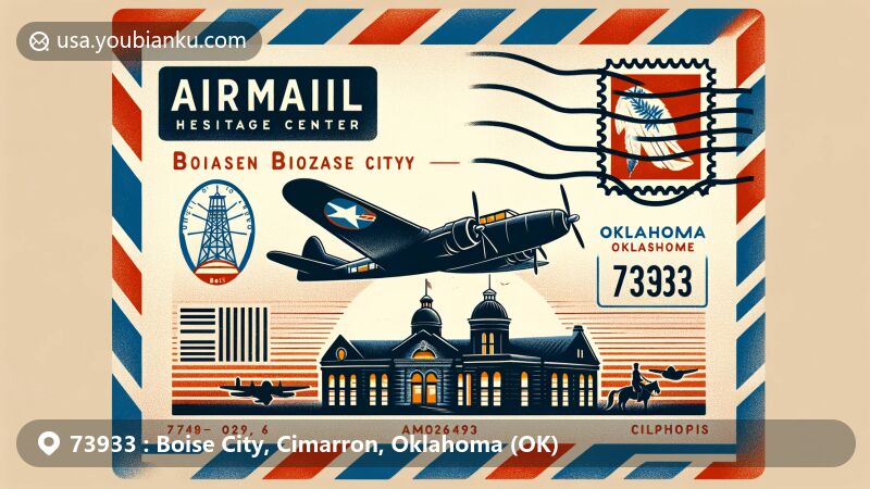 Modern illustration of the Cimarron Heritage Center and WWII airplane in Boise City, Oklahoma, with airmail envelope, state flag, stamp, and ZIP Code 73933.