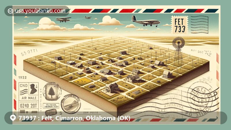 Modern illustration of Felt, Cimarron County, Oklahoma, featuring ZIP code 73937 and Cedar Breaks Archeological District, with aerial view of small town charm surrounded by Rita Blanca National Grassland.