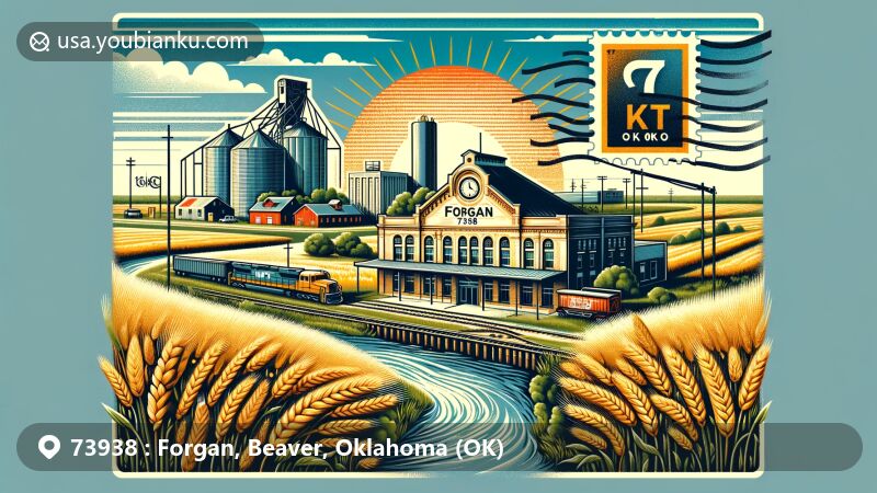 Modern illustration of Forgan, Oklahoma, blending historical and agricultural landmarks with postal elements, featuring MKT Depot, wheat fields, and rivers, while incorporating vintage postcard frame, '73938' ZIP code stamp, and 'Forgan, OK' postmark.