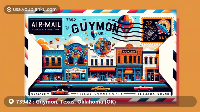 Vibrant illustration of Guymon, Oklahoma, with a postcard featuring cultural downtown district and postal elements like stamp, postmark, and emblem.
