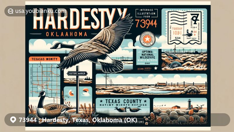 Modern illustration of Hardesty, Oklahoma, showcasing postal theme with ZIP code 73944, featuring a historic marker and elements of Texas County and Optima National Wildlife Refuge.