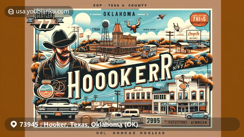 Modern illustration of Hooker, Oklahoma, showcasing postal theme with ZIP code 73945, featuring historic cowboy legacy of John Hooker Threlkeld, Chapala Restaurant, and diverse terrain of Texas County.