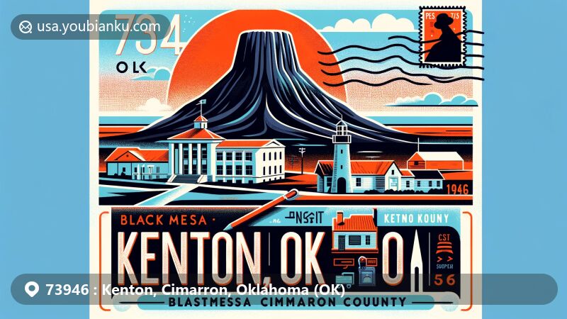 Modern illustration of Kenton, Oklahoma, showcasing Black Mesa, the state's highest point, and the historic Kenton Museum, with postal theme elements like a postage stamp and postmark, featuring text '73946,' 'Kenton, OK,' and 'Cimarron County.'
