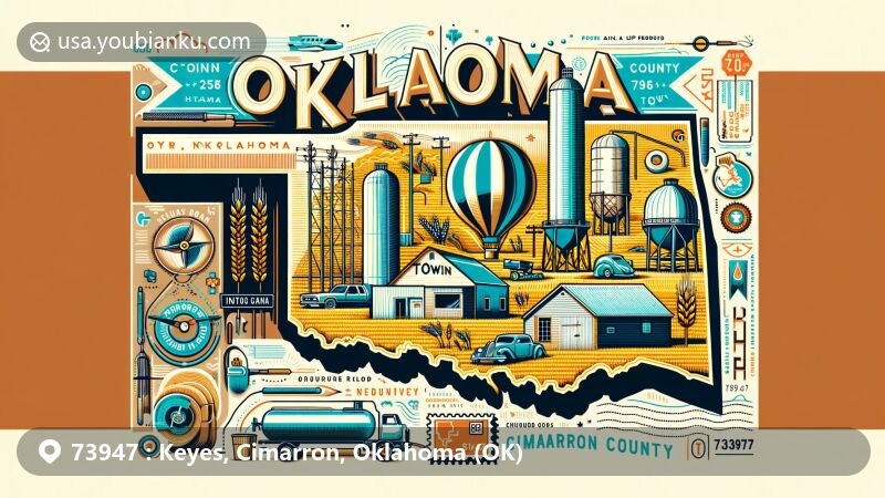 Modern illustration of Keyes, Oklahoma, showcasing postal theme with ZIP code 73947, emphasizing agricultural heritage, helium production, and geographical location within Cimarron County and the state of Oklahoma.