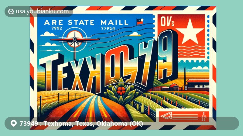 Modern illustration of Texhoma, Texas, and Oklahoma, showcasing unique dual-state community with ZIP code 73949, featuring iconic border sign and characteristic flat plains and agricultural landscape.