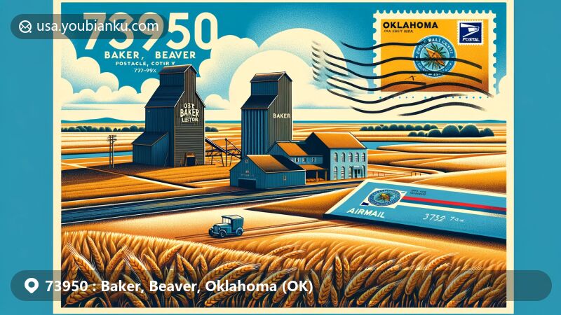 Modern illustration of Baker, Beaver, Oklahoma, showcasing postal theme with ZIP code 73950, featuring Baker Woodframe Elevator and Beaver Dunes Park.