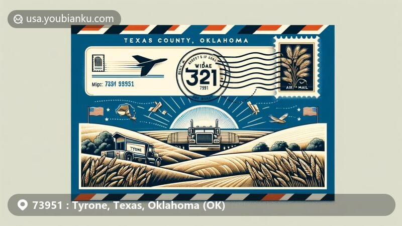 Modern illustration of Tyrone, Texas County, Oklahoma, with a focus on ZIP Code 73951, featuring a unique airmail envelope design with postal elements, showcasing local geographical and agricultural characteristics.