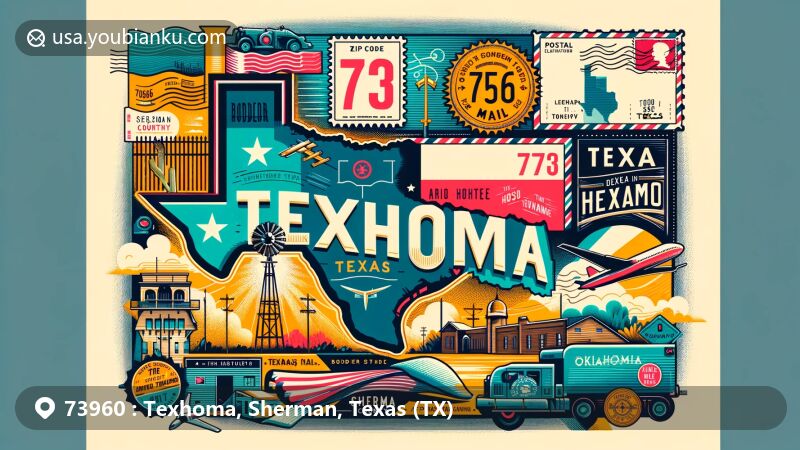 Modern illustration of Texhoma, Texas, showcasing unique features and the Texhoma-Texas relationship, with iconic border sign, air mail elements, vintage stamp with ZIP code 73960, and Texas and Sherman County shapes.