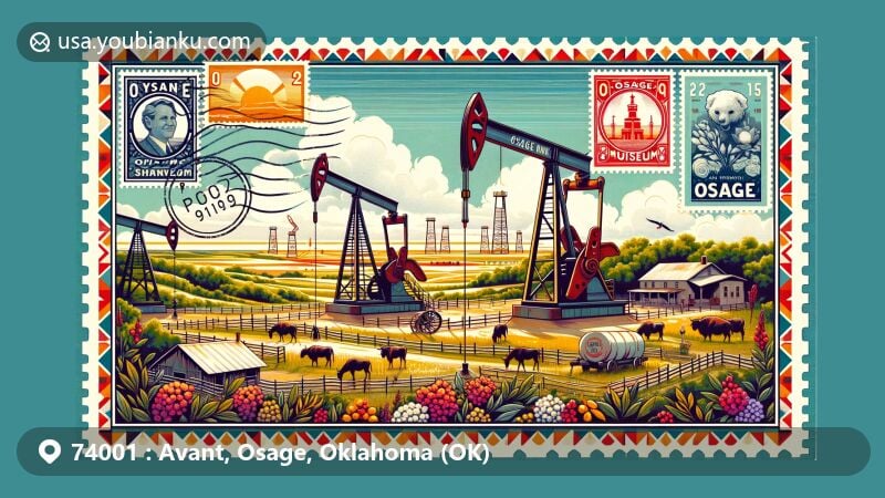 Vibrant illustration of Avant, Osage County, Oklahoma, blending agricultural and ranching heritage, early oil exploration history, and Osage cultural elements.