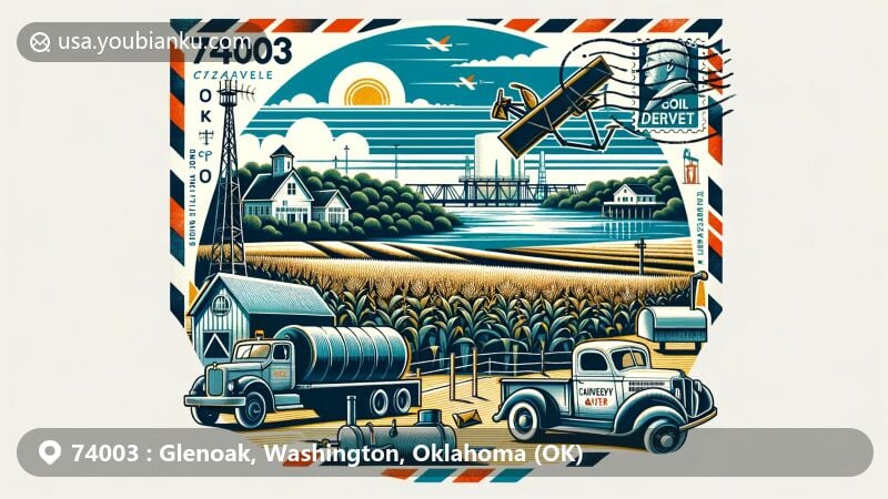 Modern illustration of Bartlesville, Oklahoma, capturing ZIP code 74003's history and natural beauty, showcasing Caney River, Copan Lake, fields of corn and wheat, oil derrick, vintage aviation-style envelope with postal elements.