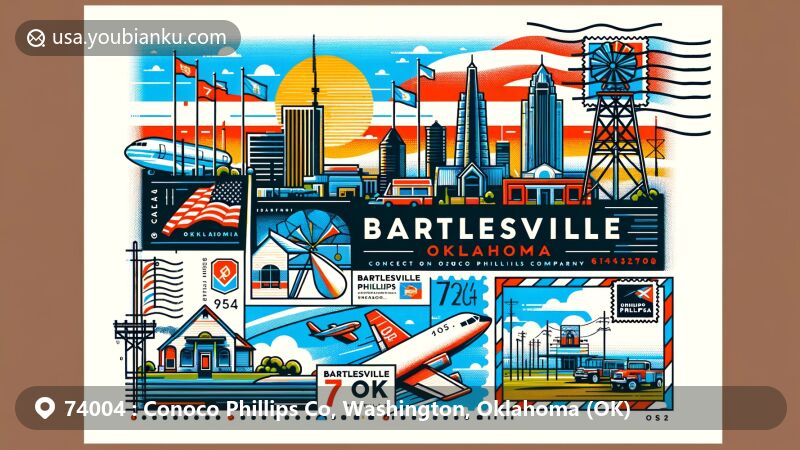 Modern illustration of Bartlesville, Oklahoma, featuring Conoco Phillips connection and postcard theme with Bartlesville and Oklahoma landmarks, airmail elements, and postmark '74004'.